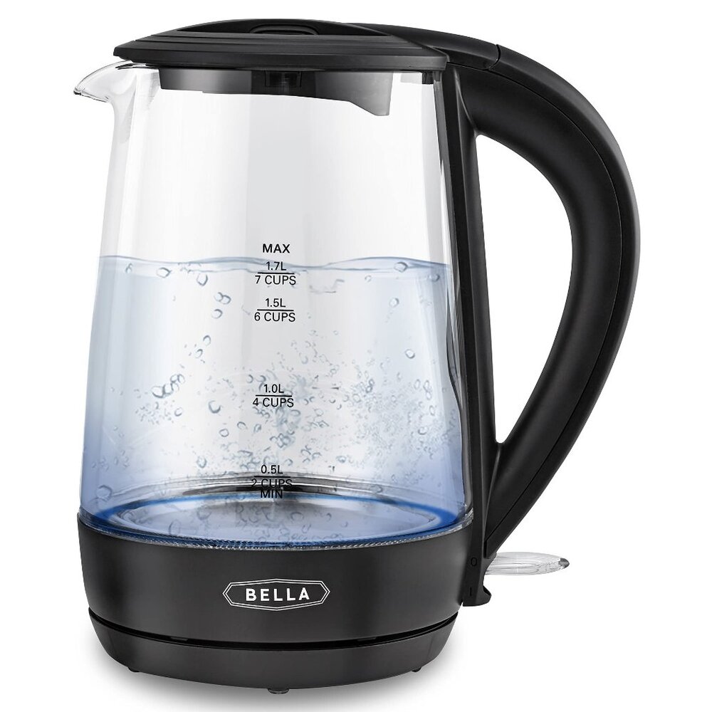 BELLA 1.7 Liter Glass Electric Kettle, Quickly Boil 7 Cups of Water in 6-7 Min.